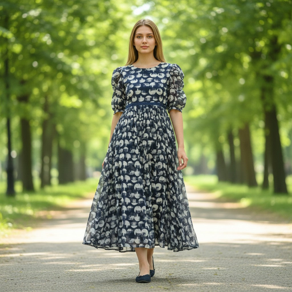 kidshe Anarkali Model 43 kurti in navy blue with white circular patterns, puff sleeves, and a flowing midi silhouette.