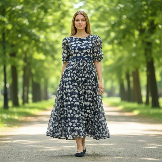 kidshe Anarkali Model 43 kurti in navy blue with white circular patterns, puff sleeves, and a flowing midi silhouette.