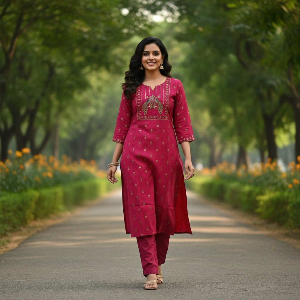 kidshe Avaasa pink kurti with gold motifs and embroidered peacock detail on the yoke.