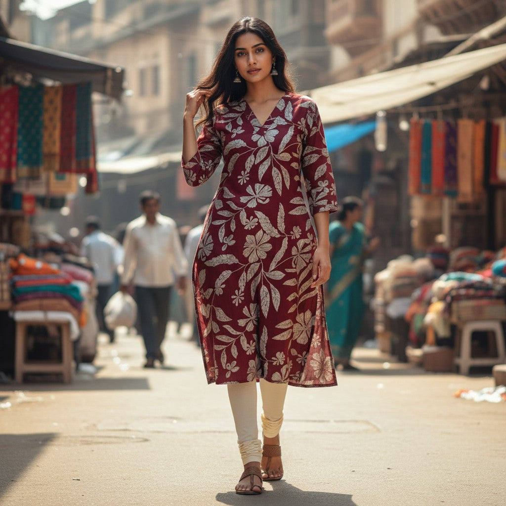 kidshe Avaasa red side-open kurta with white floral print, worn by a woman walking through a bustling market street.