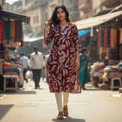 kidshe Avaasa red side-open kurta with white floral print, worn by a woman walking through a bustling market street.
