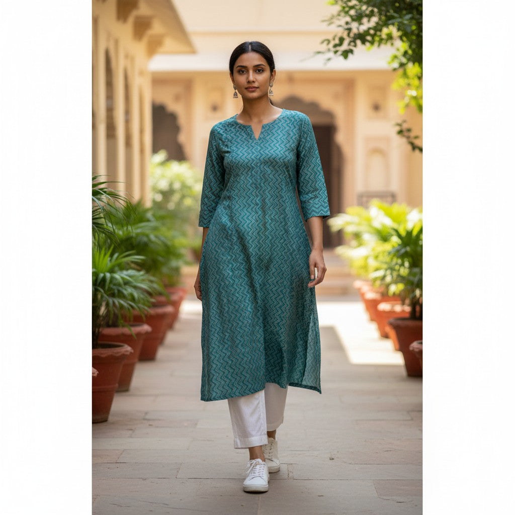 kidshe Ayushi zig teal blue cotton kurta with chevron pattern and side slits worn with white trousers