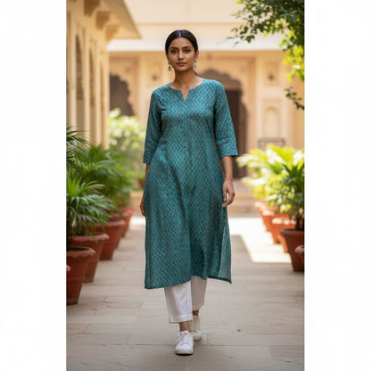 kidshe Ayushi zig teal blue cotton kurta with chevron pattern and side slits worn with white trousers