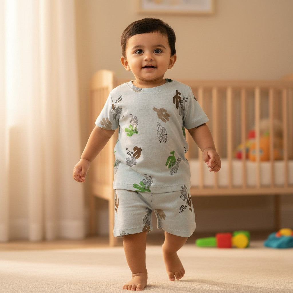 kidshe 6-12m baby boy light blue cotton coord set with cactus print and elastic waistband.