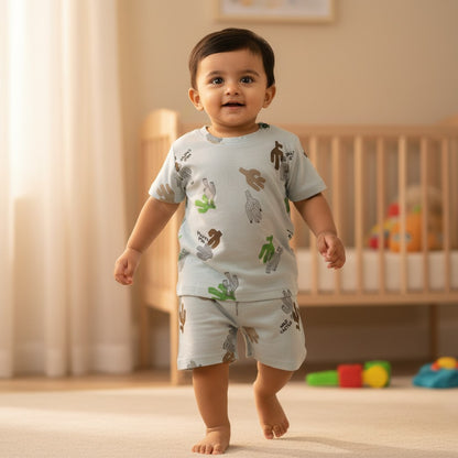 kidshe 6-12m baby boy light blue cotton coord set with cactus print and elastic waistband.