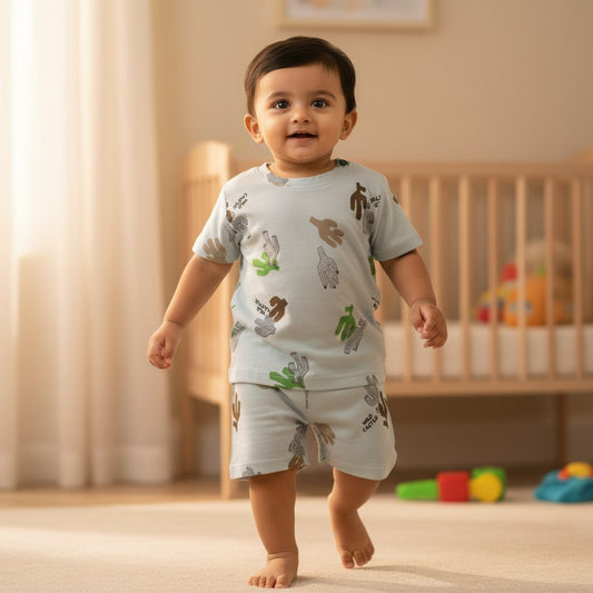 kidshe 6-12m baby boy light blue cotton coord set with cactus print and elastic waistband.