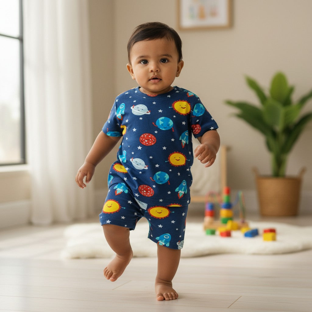 kidshe blue cotton baby boy coord set with rockets, planets, and suns. Size 6-12 months.