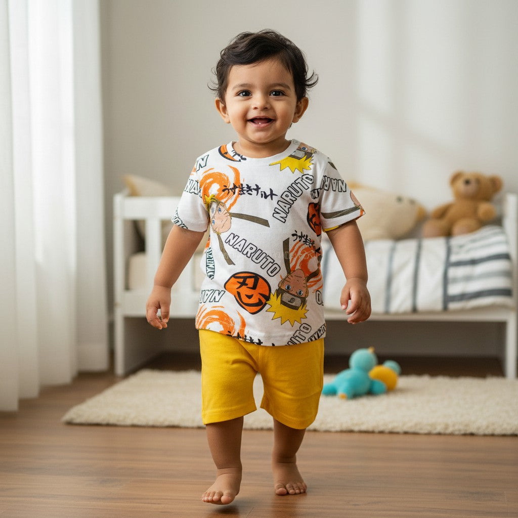 kidshe baby boy 12-18 month outfit featuring a white Naruto graphic t-shirt and yellow cotton shorts in a nursery