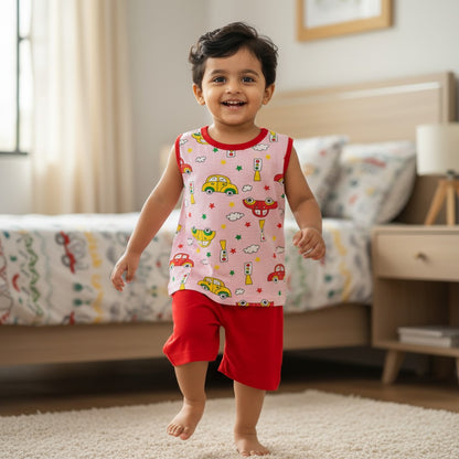 kidshe baby boy sleeveless set featuring a pink top with car print and red shorts, worn by a smiling toddler