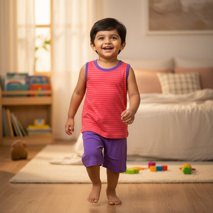 kidshe baby boy sleeveless set featuring a pink striped tank top and purple shorts, worn by a smiling toddler.