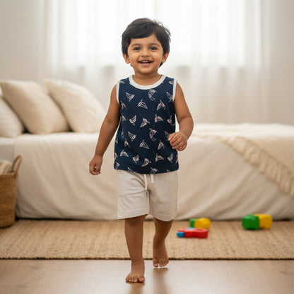 kidshe baby boy sleeveless set featuring a navy blue tank top with sailboat print and light grey shorts