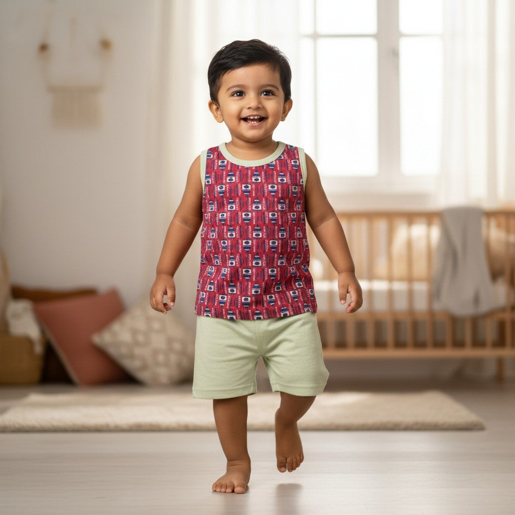 kidshe baby boy sleeveless set with a maroon patterned tank top and light green shorts for 12 to 18 months
