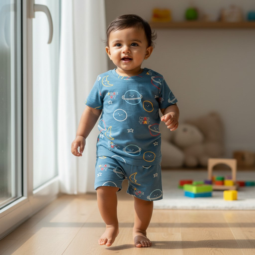 kidshe blue cotton short-sleeve baby boy coord set with space and planet print, size 6-12m