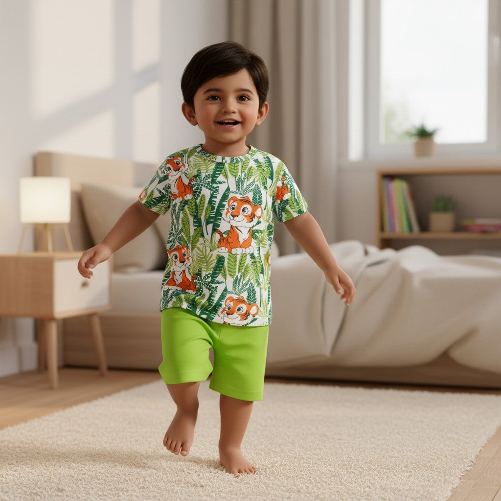kidshe baby boy set featuring a green tiger print t-shirt and matching lime green shorts worn by a toddler