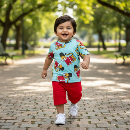 kidshe baby boy 12-18m set featuring a light blue tiger print t-shirt and red shorts worn by a toddler in a park