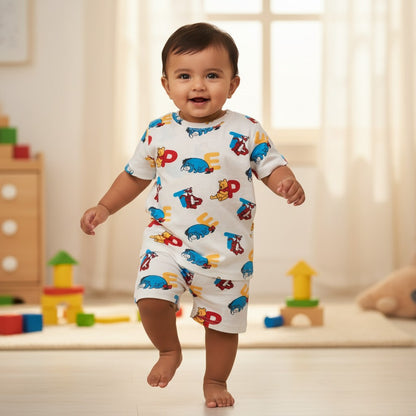 kidshe 6 to 12m baby boy Winnie the Pooh graphic print t-shirt and shorts coord set. White cotton with colorful characters.