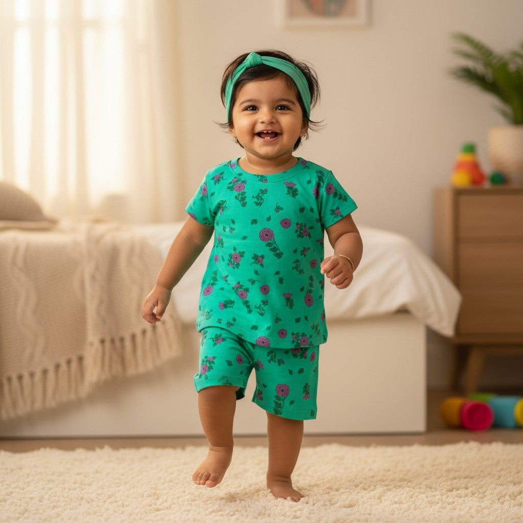 kidshe baby girl coord set featuring a green floral t-shirt and matching shorts with a headband in a bedroom setting