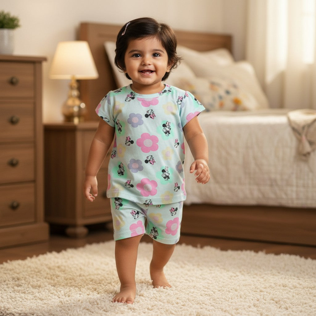 kidshe baby girl coord set featuring a light blue Minnie Mouse floral print t-shirt and matching shorts