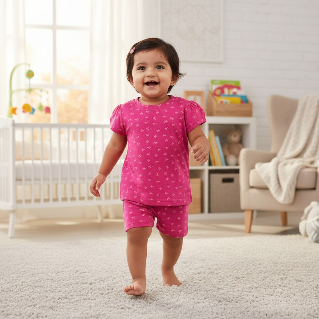 kidshe baby girl coord set featuring a pink short-sleeve top and matching shorts with a cute bow pattern