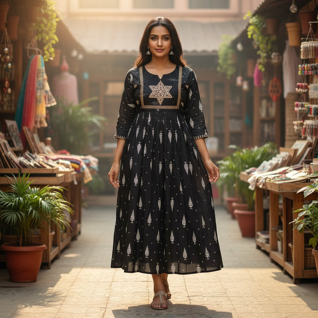 kidshe black Anarkali kurti with white leaf print and gold star embroidery on the yoke.