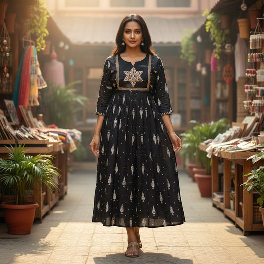 kidshe black Anarkali kurti with white leaf print and gold star embroidery on the yoke.