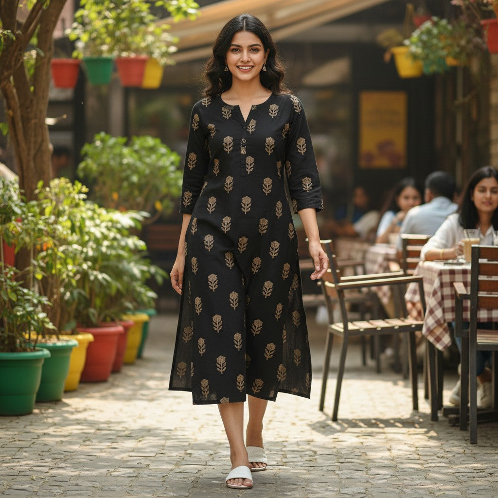 kidshe black cotton kurta with gold floral print and button-up neckline