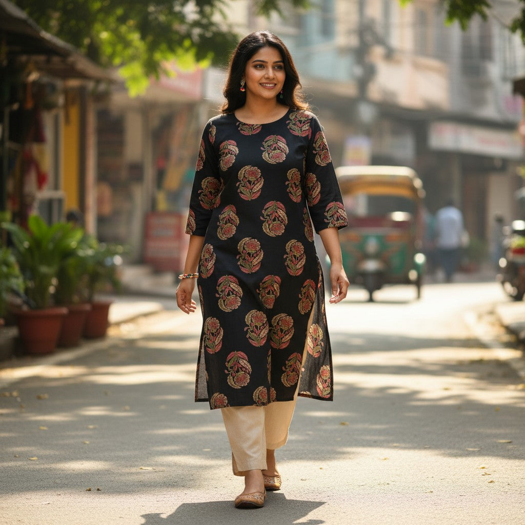 kidshe black kurti with all-over floral print in red, green, and gold. Features a side open design and 3/4 sleeves.