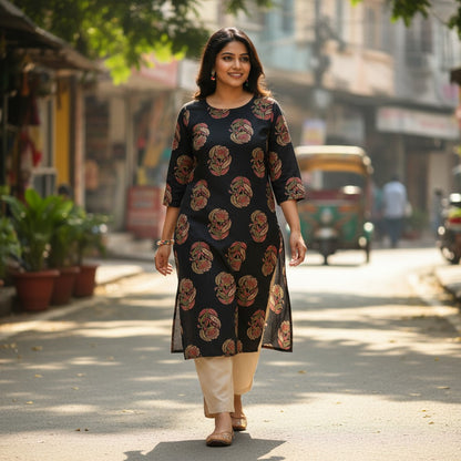 kidshe black kurti with all-over floral print in red, green, and gold. Features a side open design and 3/4 sleeves.