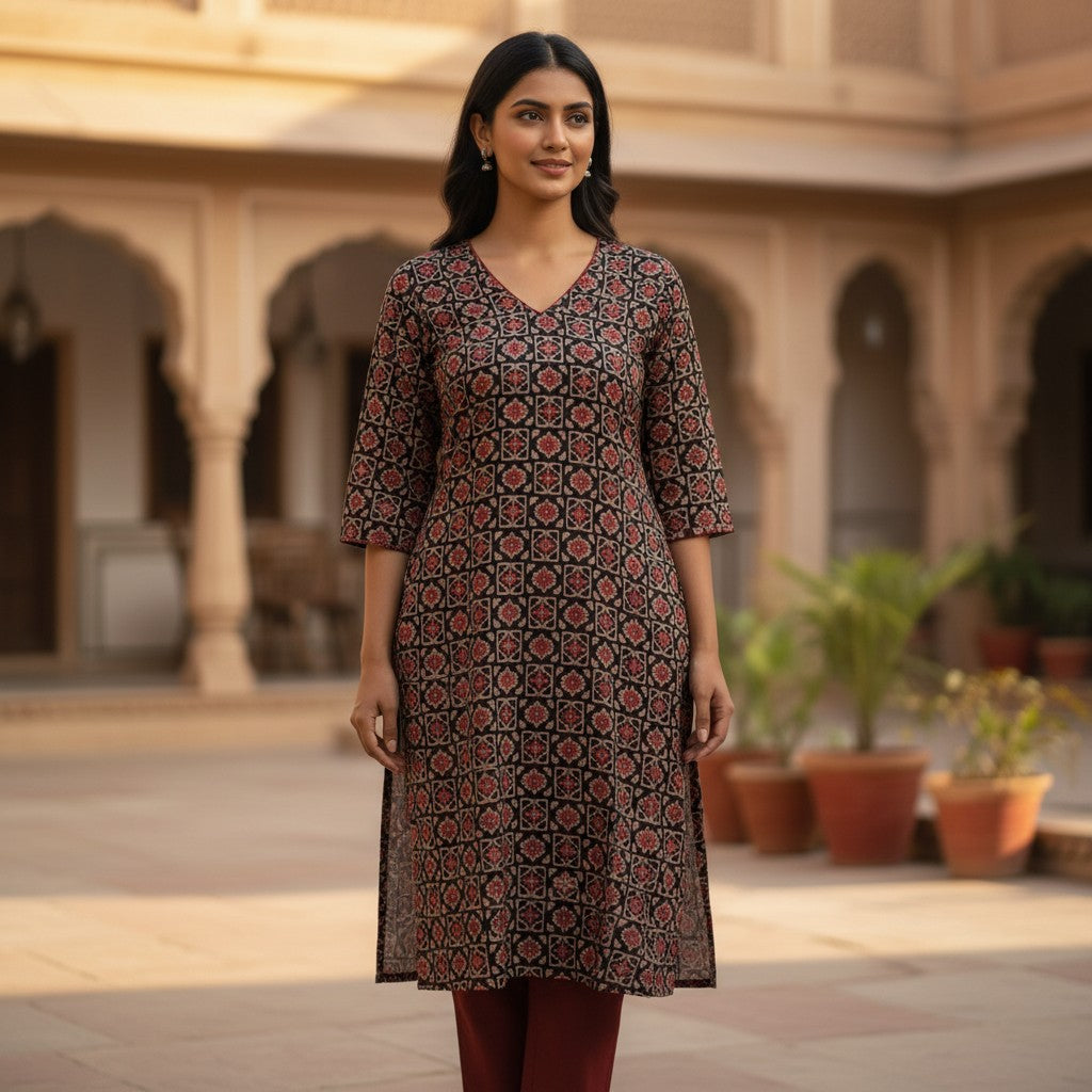 kidshe black and red floral print kurta with matching pants