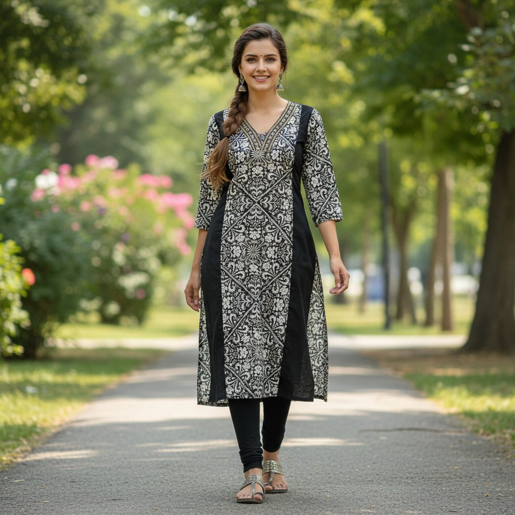 kidshe black and white patterned kurti with side open detail and embellished neckline