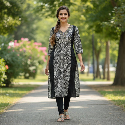 kidshe black and white patterned kurti with side open detail and embellished neckline
