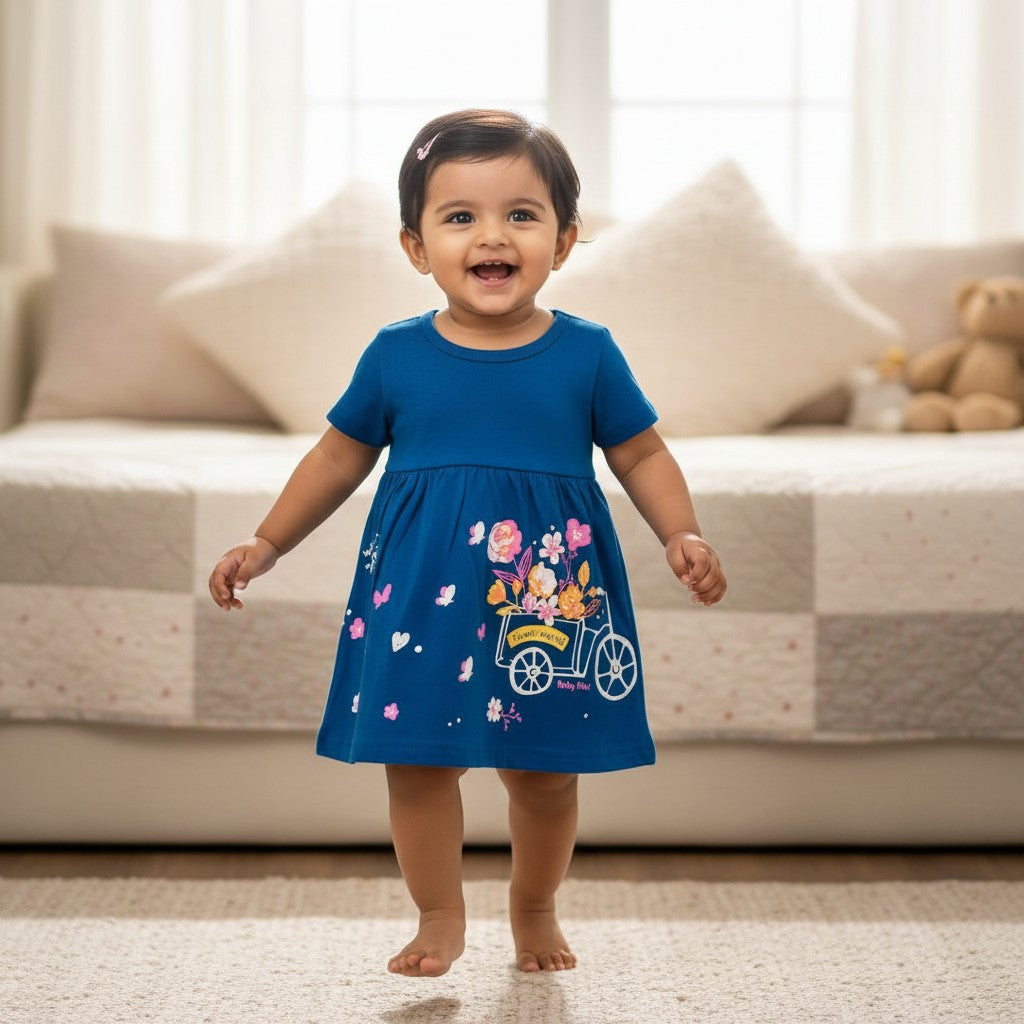 kidshe baby girl frock in blue with a floral bicycle print, designed for 18 to 24 month toddlers