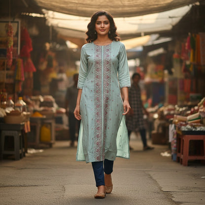 kidshe light blue embroidered kurta with full sleeves and side slits. ShA 6242.