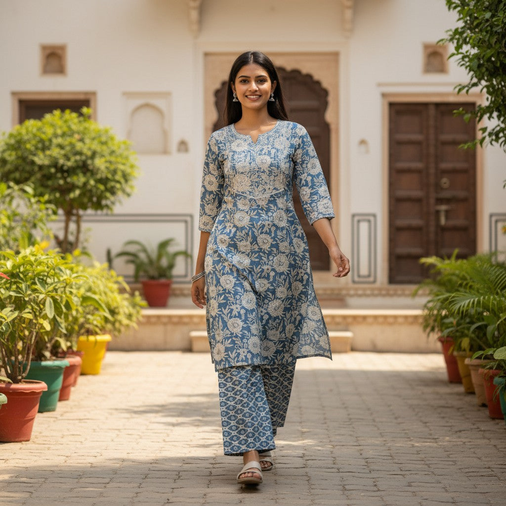 kidshe blue floral print kurta and matching pants set with embroidered neckline