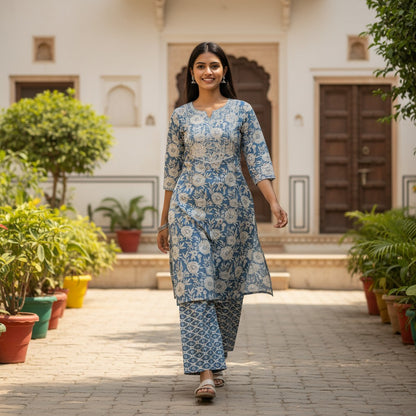 kidshe blue floral print kurta and matching pants set with embroidered neckline