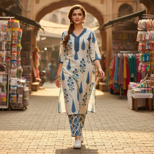 kidshe blue and white floral print cotton kurta with V-neck and 3/4 sleeves