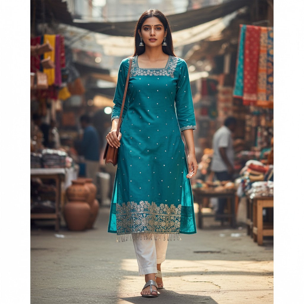 kidshe blue kurta with silver sequin embellishments on the neckline and hem, featuring a side-open design.