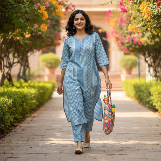 kidshe blue and white striped cotton kurta with side open detail and embroidered neckline