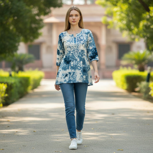 kidshe blue and white tie-dye short top with embroidered neckline and 3/4 sleeves