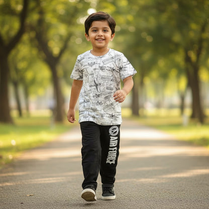 kidshe 3-4yr boy pant set featuring a white airplane print t-shirt and black Air Force joggers in a park