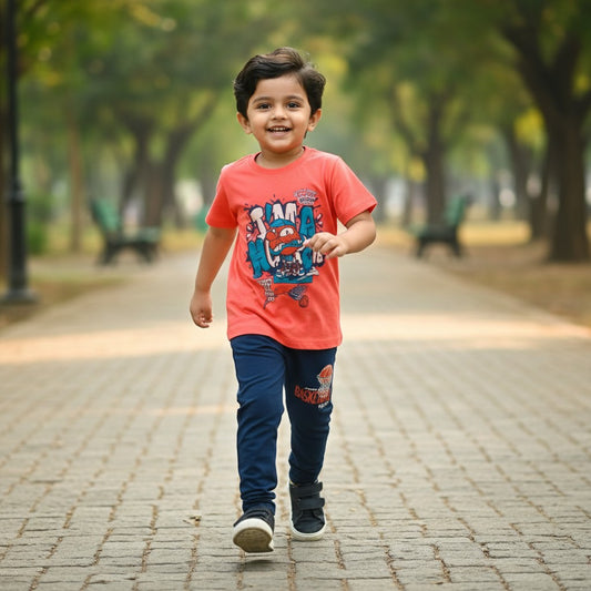 kidshe 3-4yr boy pant set featuring a coral graphic t-shirt and navy blue joggers worn by a smiling child in a park