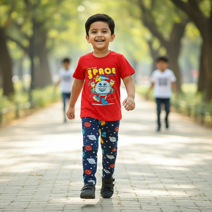 kidshe 3-4yr boy pant set featuring a red space-themed t-shirt and navy blue planet-print leggings in a park