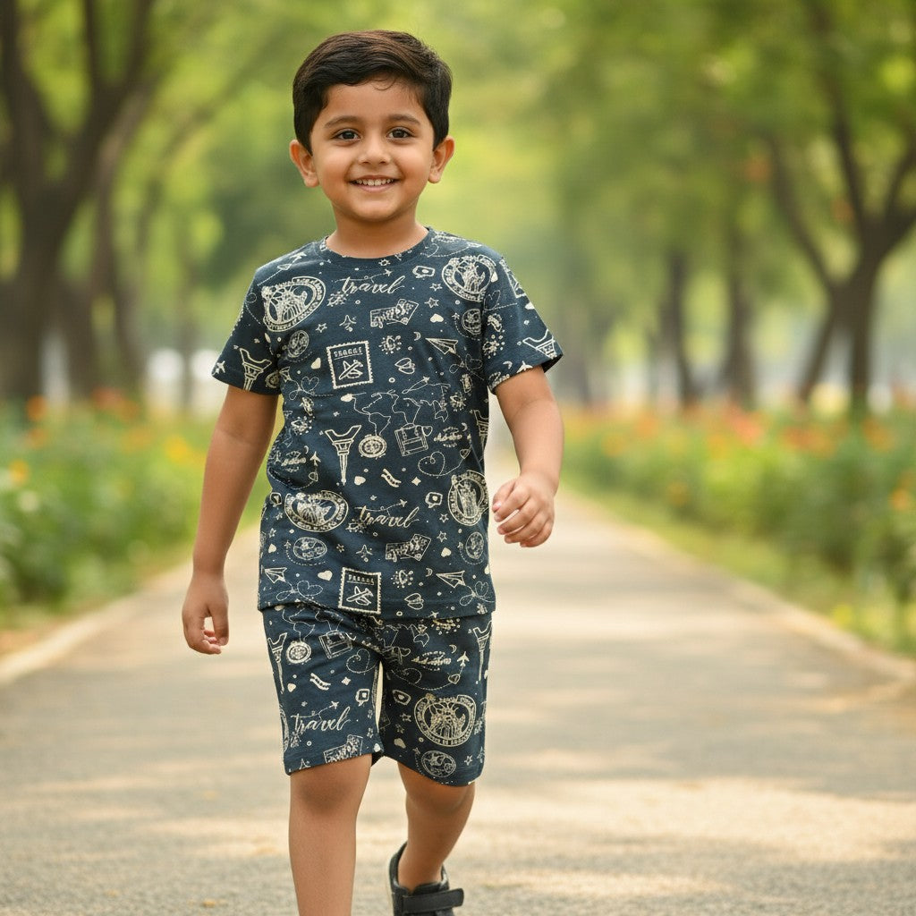 kidshe boy coord set featuring a navy blue t-shirt and shorts with a white travel-themed print worn by a young boy