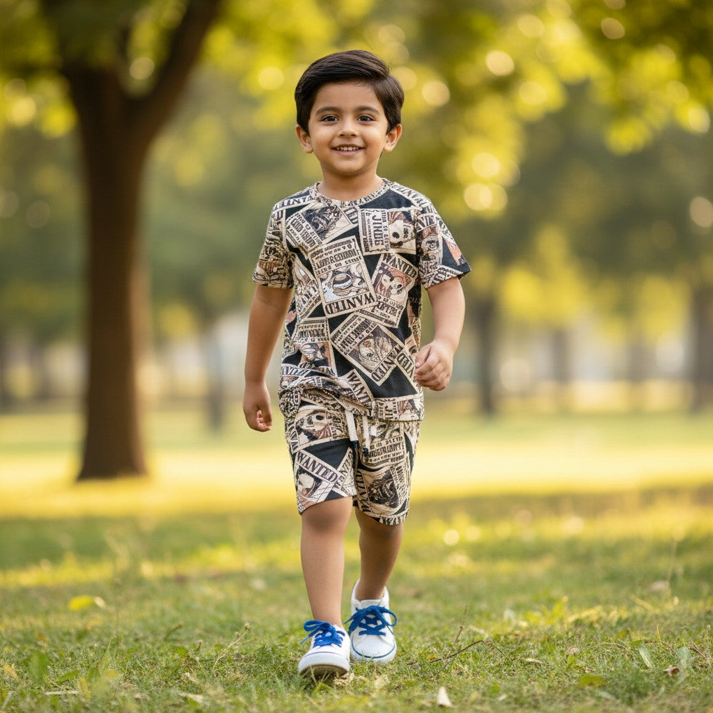 kidshe boy's 3-4 year coord set featuring a beige and black newspaper print t-shirt and matching shorts in a park