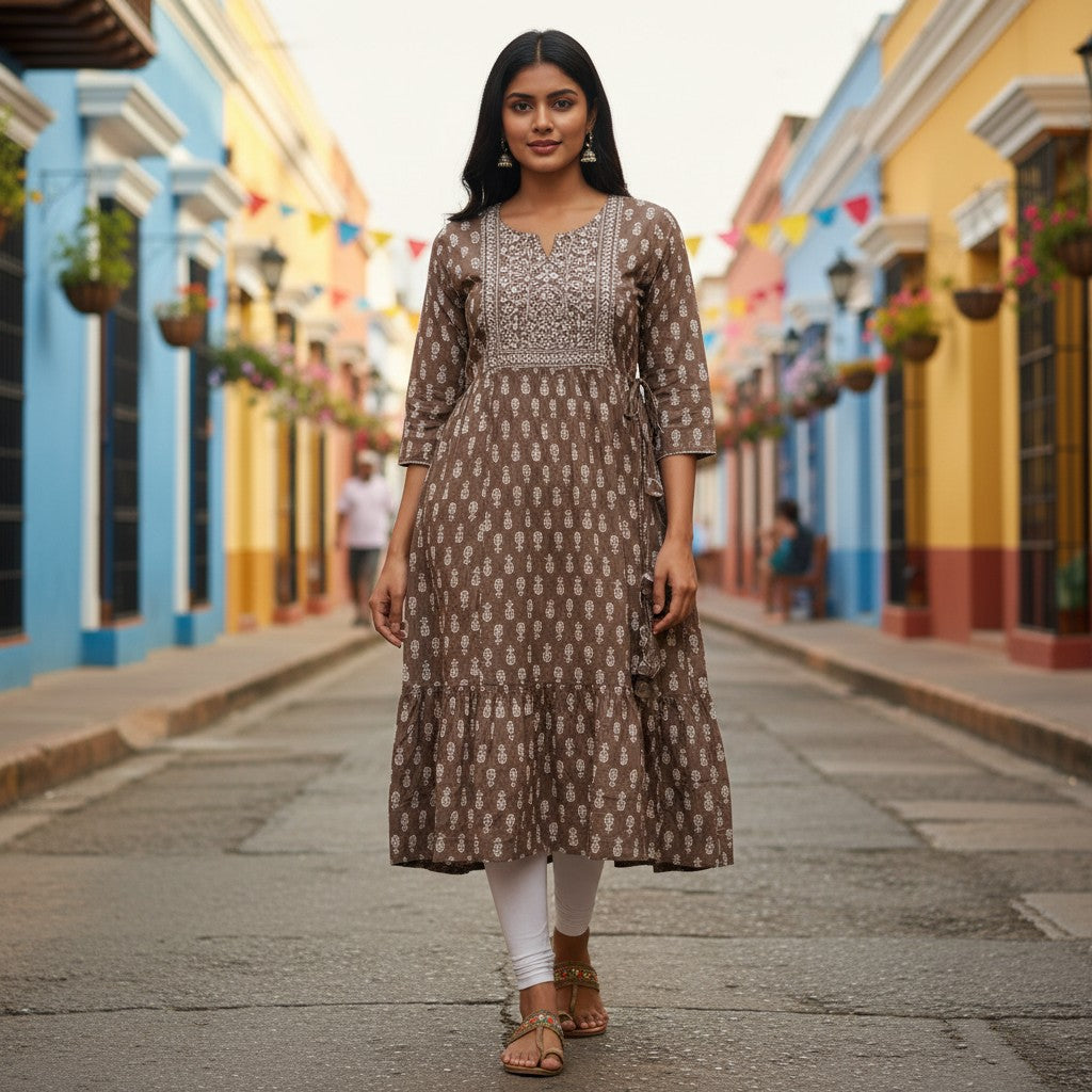 kidshe brown tiered Anarkali kurti with white paisley print and embroidered yoke
