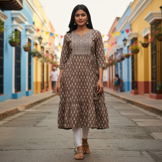 kidshe brown tiered Anarkali kurti with white paisley print and embroidered yoke