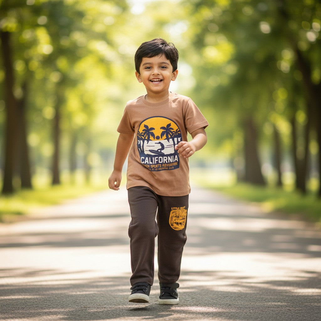 kidshe 3-4yr boy pant set featuring a brown California graphic t-shirt and matching dark brown joggers in a park.