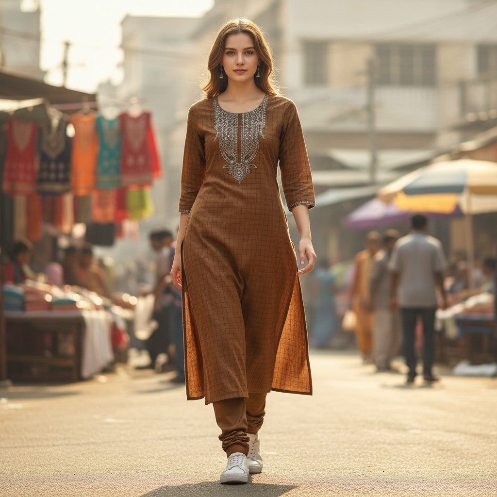 kidshe brown checkered cotton kurti with silver embroidery on neckline and side open detail