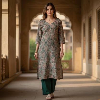 kidshe 2 pc brown and green paisley print kurta with maroon neckline and dark green pants.