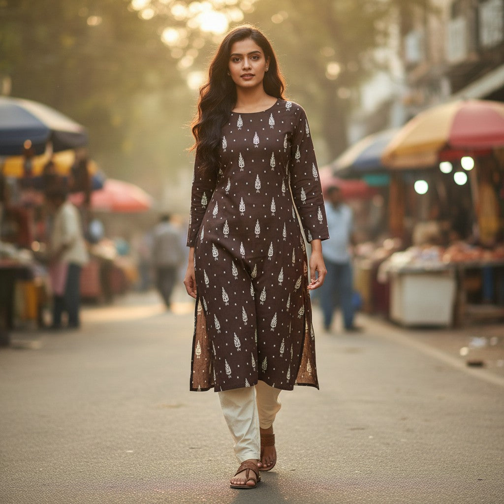 kidshe brown kurti with white leaf print, side slits, and full sleeves, paired with cream leggings.